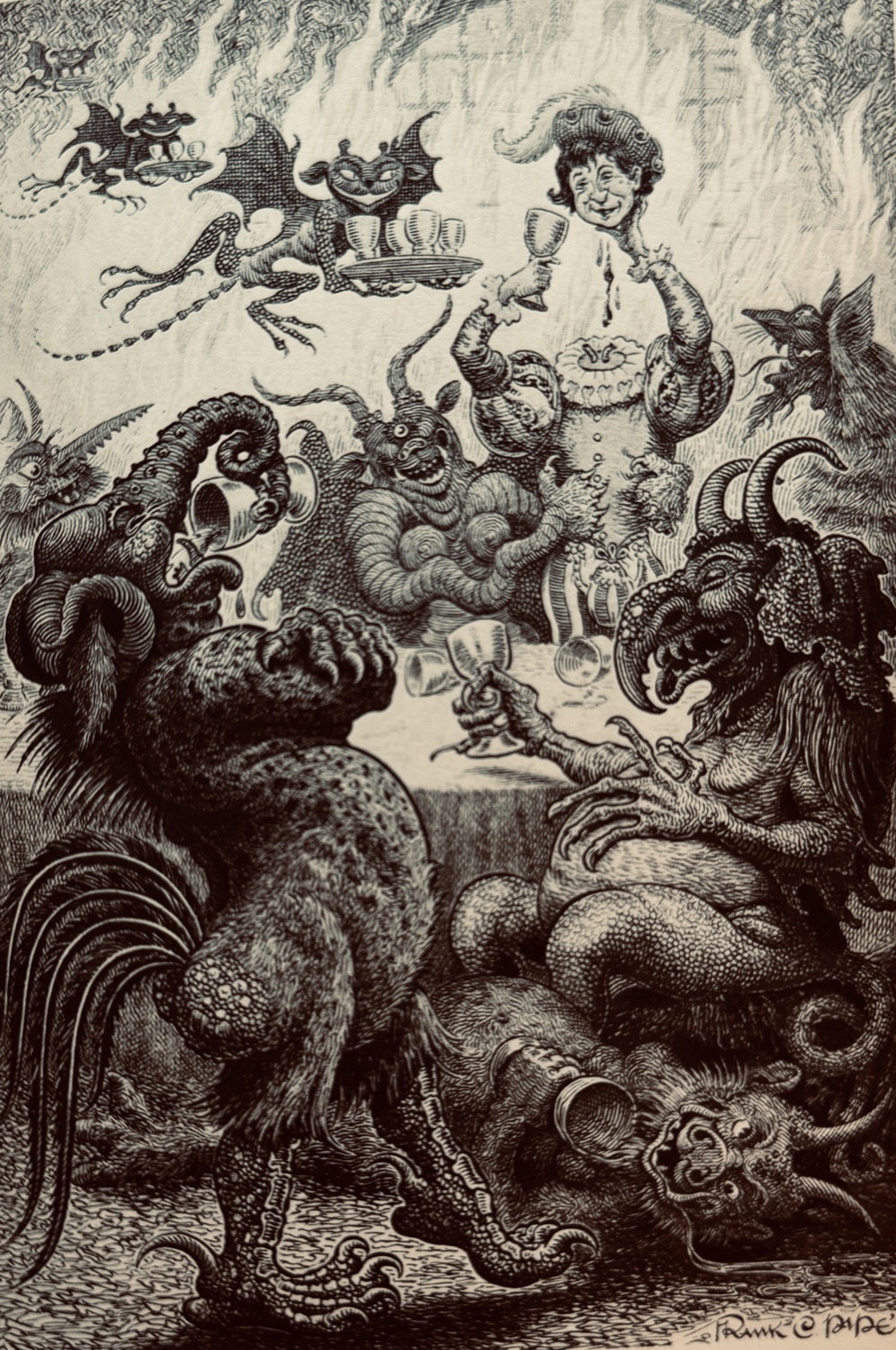 Pen-and-ink illustration of a banquet in hell, devils and the damned drinking together, by Frank C. Papé